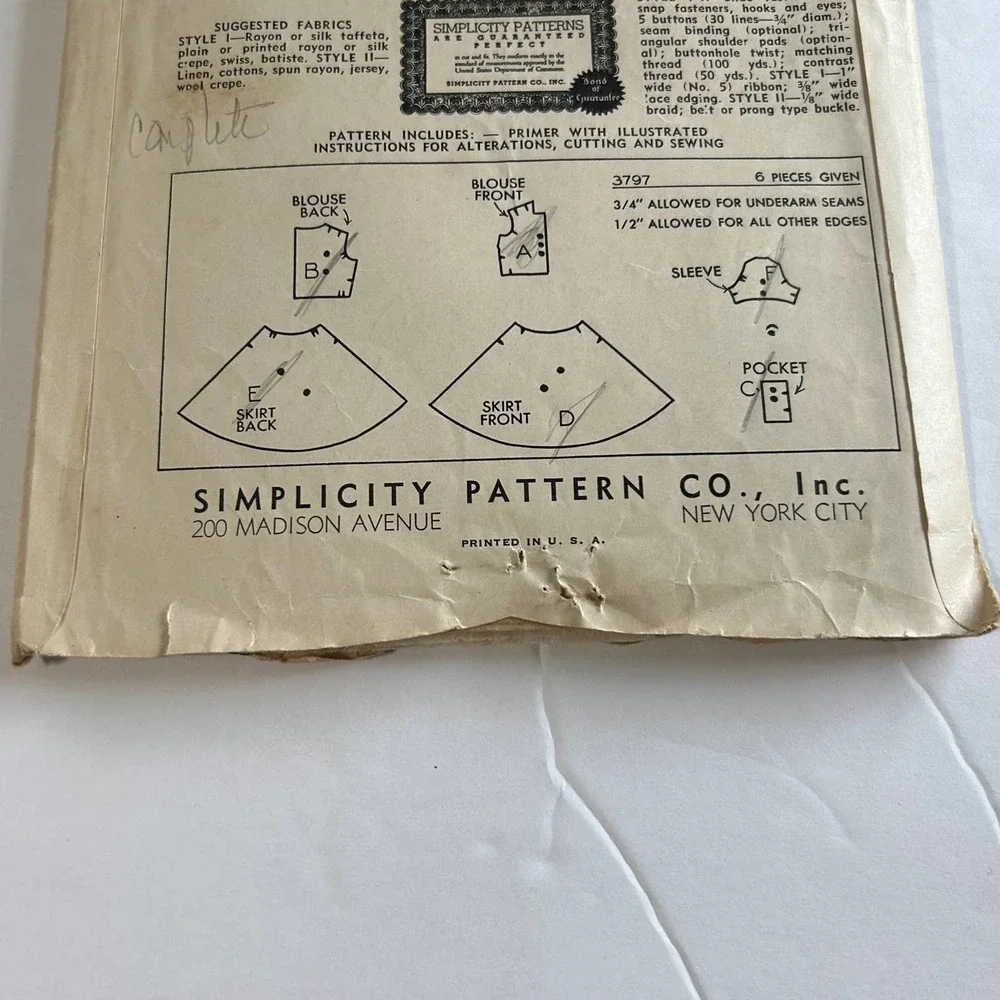 Simplicity Primer Vintage 1940's Pattern #3797 Young Girls‎ Dress Size 12 HTF